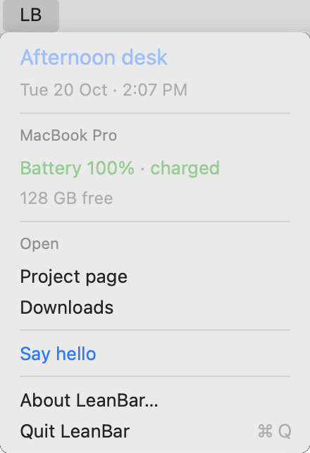 LeanBar's example desk menu showing battery status, free disk space, links, and actions
