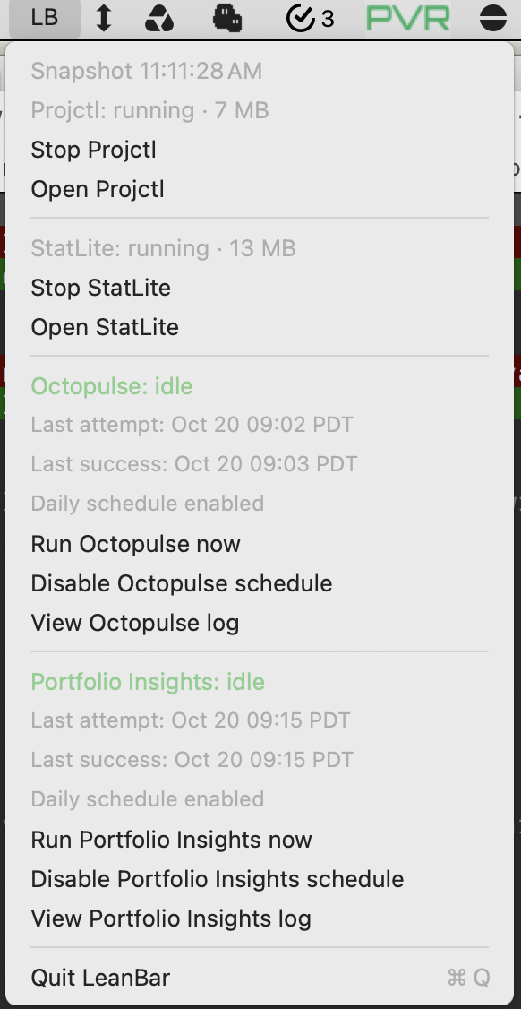 My existing portfolio menu migrated to LeanBar, with a plain LB menu-bar label