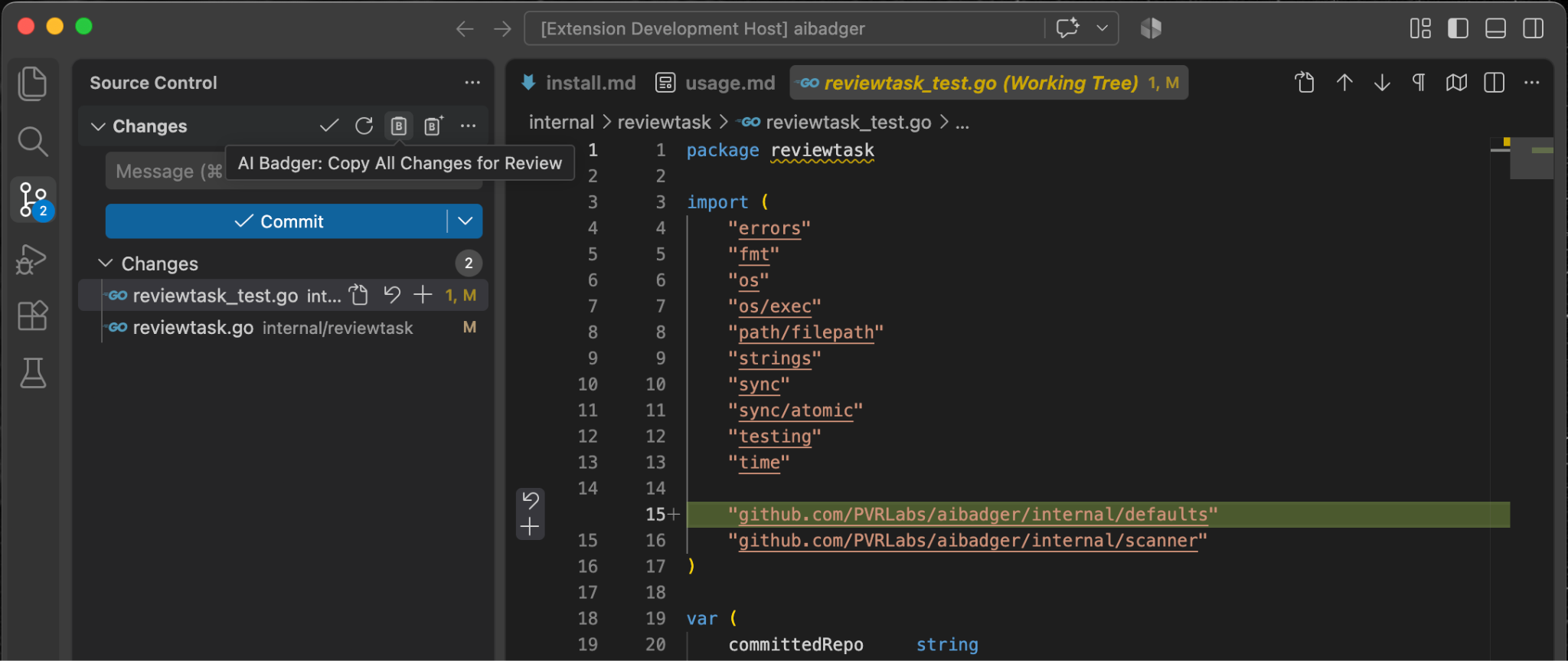 VS Code Source Control with AI Badger Copy All Changes for Review highlighted