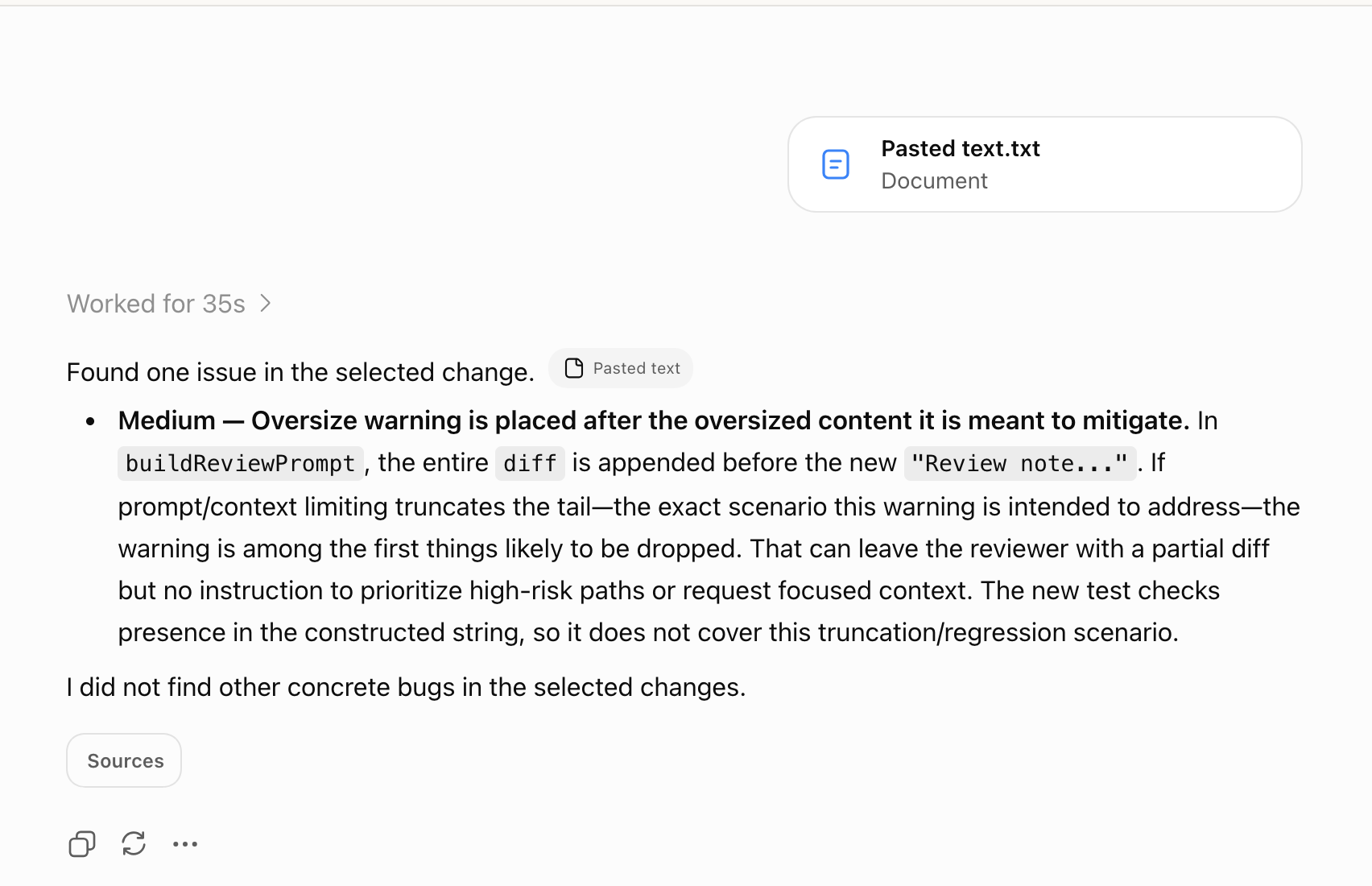 AI chat showing a concrete issue found in the copied change