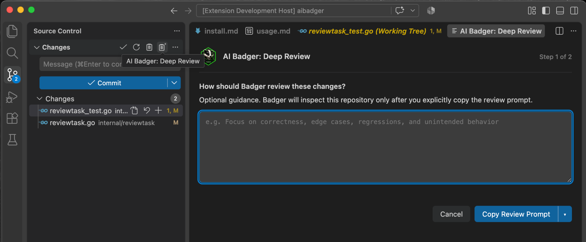 AI Badger Deep Review panel in VS Code with Source Control visible