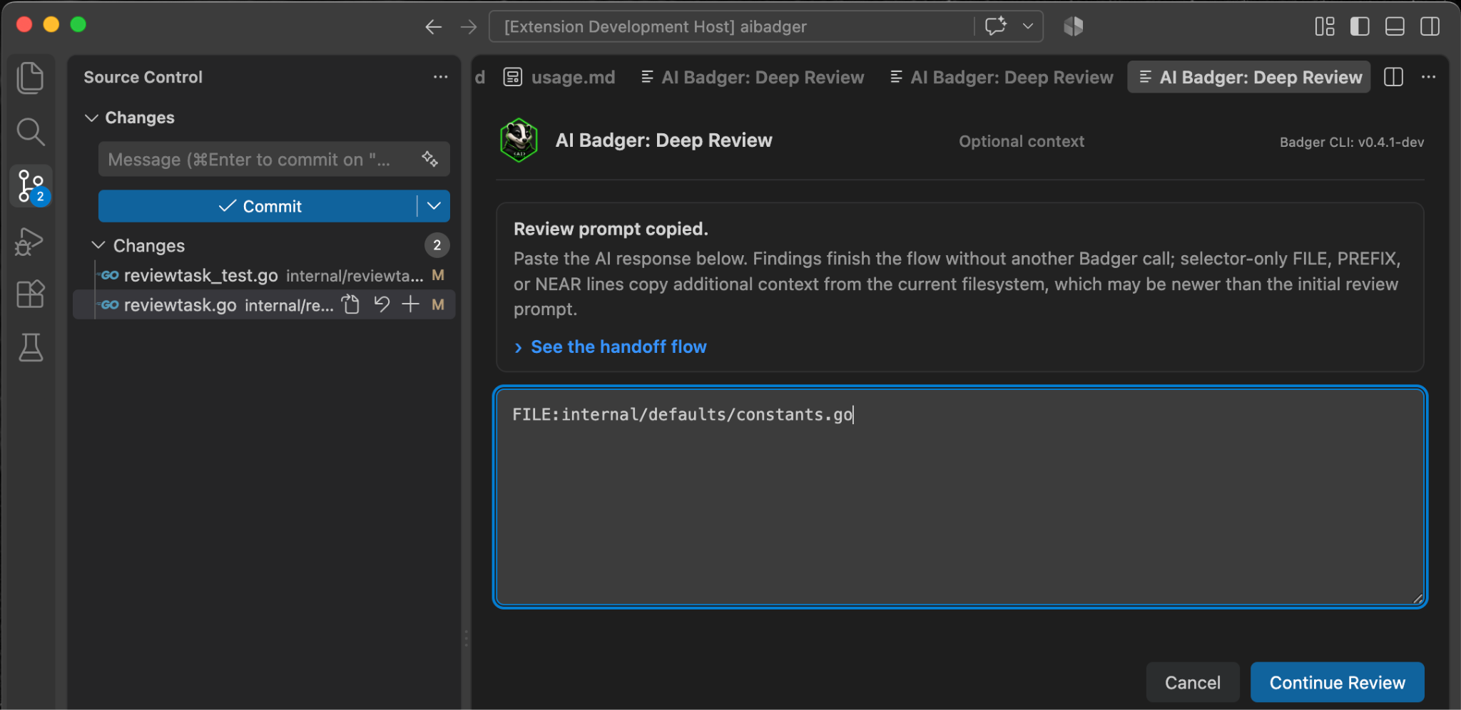 Deep Review panel with a requested FILE selector ready for Continue Review