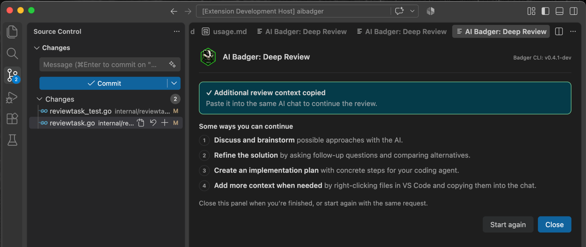 VS Code confirming that additional review context was copied