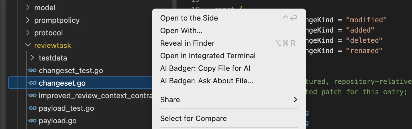 VS Code Explorer context menu showing AI Badger Copy File for AI for changeset.go
