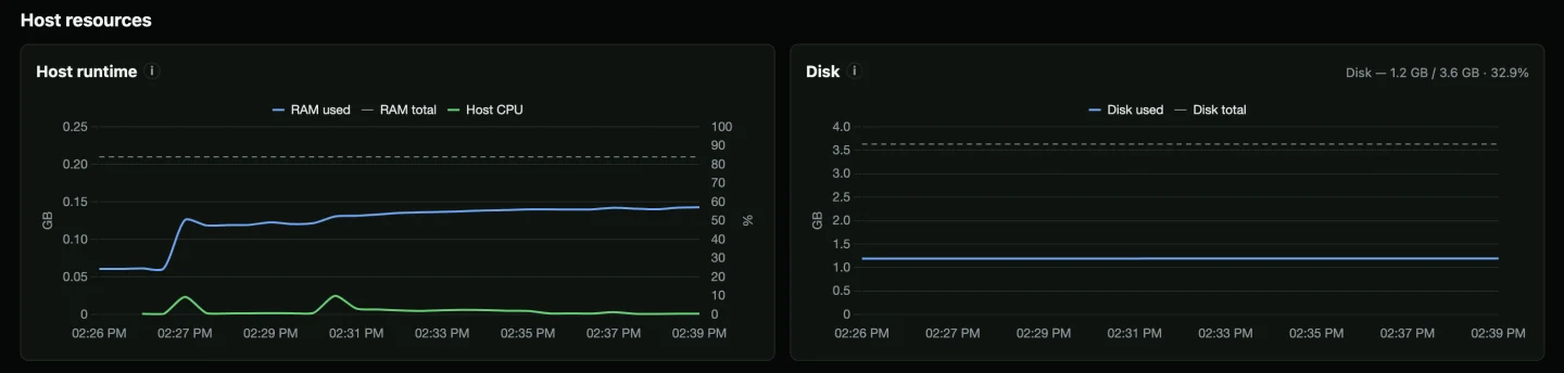 Javalin guest dashboard showing RAM use rising during startup and traffic, host CPU, and disk usage.
