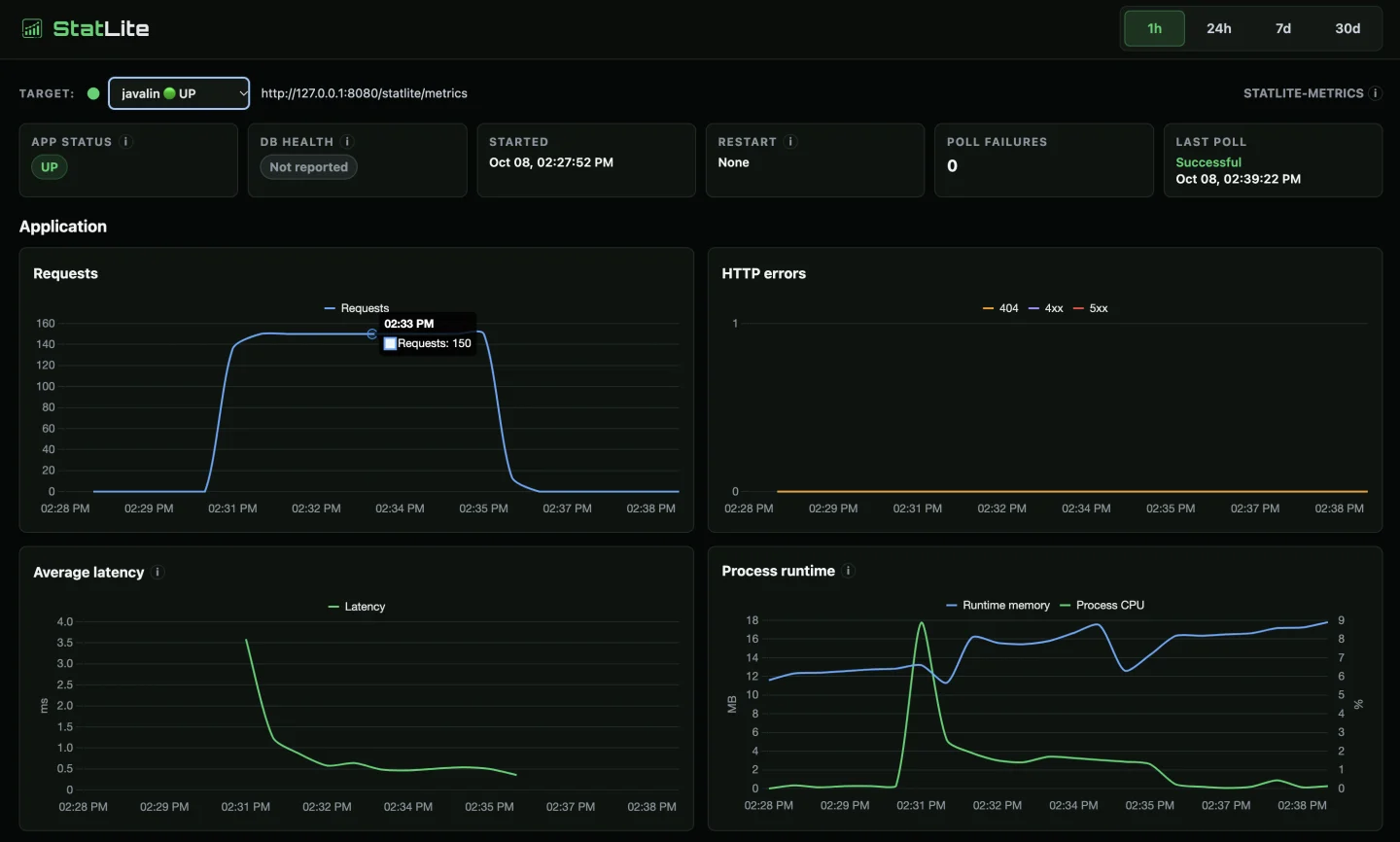 Javalin dashboard showing requests, no HTTP errors, average latency, JVM heap usage, and process CPU.
